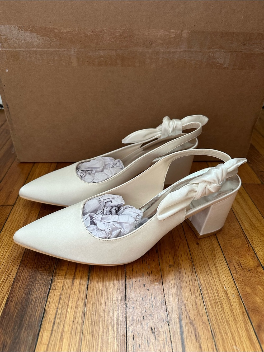 JJ’s House Ivory Satin block heel